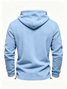 Light blue fleece hoodie back detail, soft warm casual long sleeve winter sweatshirt.