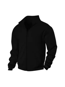 Men's black zip-up stand collar jacket casual winter outerwear with ribbed cuffs and hem.