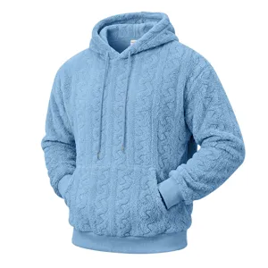 Light blue cable knit teddy fleece hoodie detail showing soft texture and front kangaroo pocket.