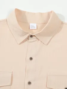 Hombre casual de color solapa manga larga camisa de lino detalle, top transpirable.