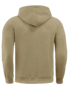 Back view detail of a plain khaki hoodie showcasing the comfortable hood and long sleeves.