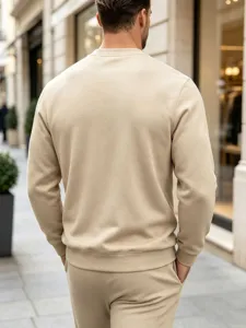 Casual minimalist solid color crewneck sweatshirt detailed view, comfortable fit outdoor urban street style