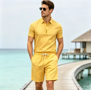 Men's summer casual linen two-piece set featuring a polo shirt and shorts for beach vacation.