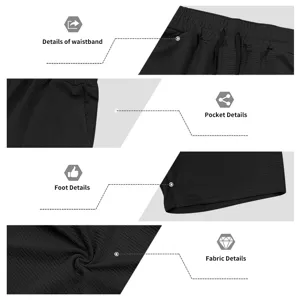 Close-up detail view of men's black textured casual shorts, highlighting waistband and fabric.