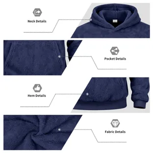 Close-up view showing the soft coral fleece fabric, cozy hood neck, pocket, and ribbed hem details.