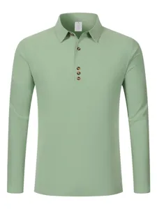 Men's solid color long sleeve cotton linen polo shirt business casual spring summer top.