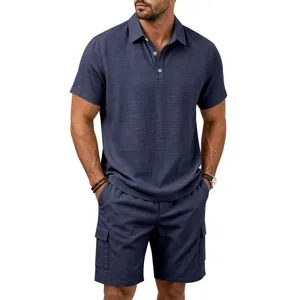 Herren Freizeit Leinen Polo Shirt und Cargo Shorts Set für Sommer Strand und Outdoor tragen.