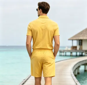 Men summer linen loose lapel short sleeve polo and shorts two piece set yellow casual wear