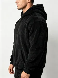 Men's black coral fleece hoodie, soft double-sided velvet pullover for winter comfort.