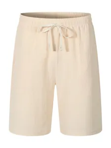 Men casual beige shorts detail view, elastic drawstring waist, lightweight breathable fabric.
