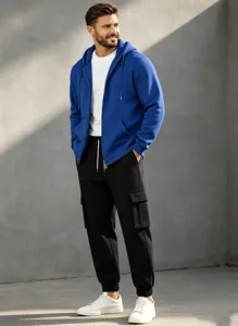 Men's casual fleece hooded sweatshirt and black cargo joggers sportswear two piece set.