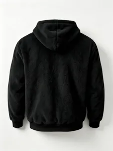 Black fleece hoodie back detail, soft plush fabric texture close-up, winter warm apparel.