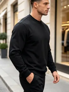 Men solid color black crewneck sweatshirt casual minimalist long sleeve pullover top daily wear