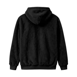 Back view of the black fleece hoodie, showing plush fabric texture and cozy hooded design.