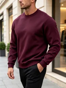 Men's solid maroon crewneck sweatshirt, casual relaxed fit long sleeve pullover for daily wear.