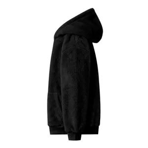 Men's black fleece hooded sweatshirt side detail, cozy coral fleece winter pullover top.