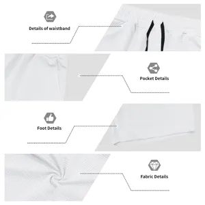 Close-up details of the white textured fabric, waistband, pocket, and hem of men's shorts.
