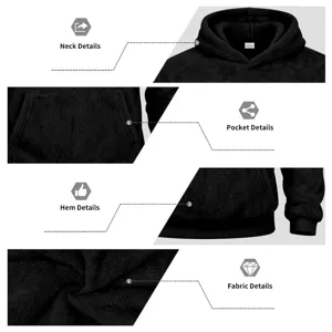 Men's winter coral fleece hooded sweatshirt black thick warm pullover casual winter top