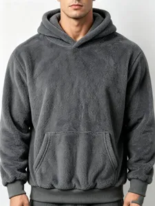 Men's winter solid color coral fleece hooded sweatshirt cozy double-sided plush pullover top