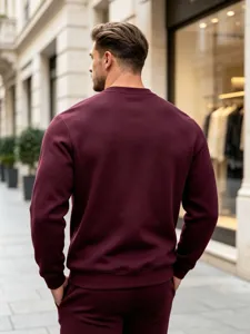 Men's solid burgundy crewneck sweatshirt, casual relaxed fit heavy pullover for autumn winter.
