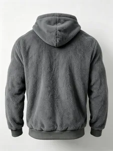 Back view of a dark grey men's winter coral fleece hooded sweatshirt featuring soft texture.