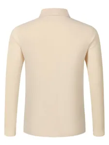 Detailed back view of men's solid beige long sleeve business casual cotton shirt.