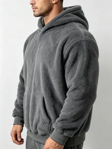 Men's grey coral fleece hooded sweatshirt detail view showing soft texture and cozy fit.