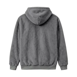Detail view of the winter men's grey coral fleece hooded sweatshirt back design.