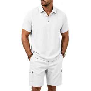 Herren Lässiges Leinen Polo Shirt und Cargo Shorts Set, ideal für Sommer Outdoor und Alltag.