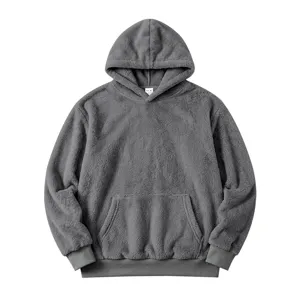 Detailed view of men's soft coral fleece hooded sweatshirt plush winter pullover top.