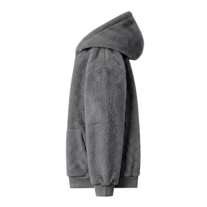 Men winter coral fleece hooded sweatshirt side view detail, warm casual pullover top.