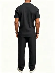 Detailed view of men's summer casual cotton linen short sleeve polo shirt and matching long pants.