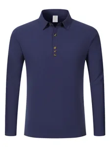 Detail view of men's solid long-sleeve cotton-linen polo shirt collar and button placket.