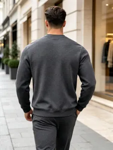 Men solid dark grey crewneck sweatshirt casual minimalist streetwear back view detail