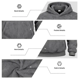 Men's winter thick fleece hooded sweatshirt casual warm plush pullover top grey detail