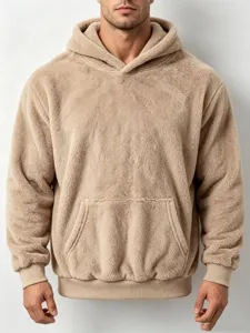 Men's winter solid color coral fleece hooded sweatshirt with kangaroo pocket casual pullover.