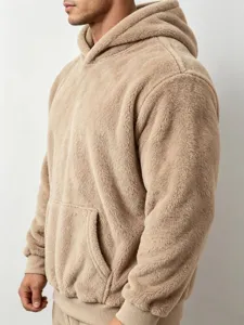 Soft fluffy fleece hoodie detail view showing cozy winter warmth and comfortable fit texture.