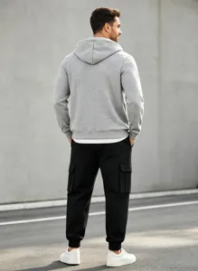 Men's fleece hoodie and cargo joggers set casual autumn winter sportswear tracksuit outfit