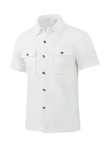 Heren wit wafelbreisel korte mouw overhemd met dubbele borstzakken casual topshirt.
