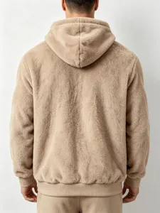 Detail view of men's soft coral fleece hooded sweatshirt in beige double sided fleece.