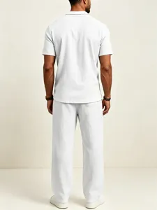 Back view detail of men's casual breathable cotton linen short sleeve shirt and long pants outfit set.