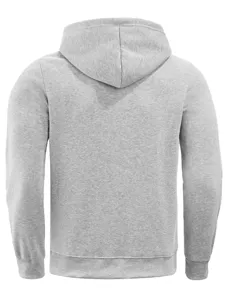 Back view of grey fleece lined hooded sweatshirt, showing ribbed cuffs and thermal fabric.