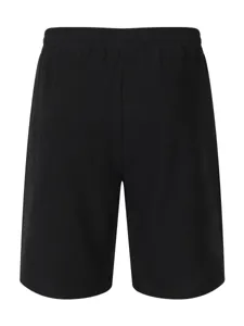 Detail view of black casual men's shorts featuring an elastic waistband and comfortable fit.