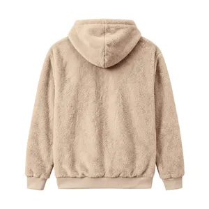 Back view detail of men's winter warm coral fleece hooded sweatshirt, soft fluffy texture.