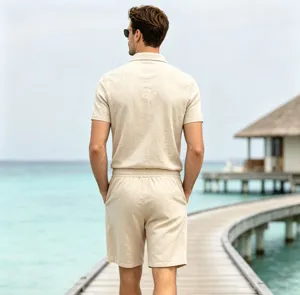 Men linen short sleeve polo shirt and shorts set detail, casual summer two piece outfit view.