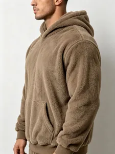 Men winter thermal fleece hooded sweatshirt, soft fluffy casual pullover top with pocket.