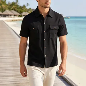 Heren casual effen korte mouw wafel overhemd met dubbele zakken voor zomerse dagen.