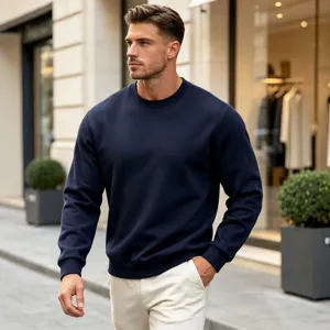 Classic solid color men's crewneck sweatshirt in dark blue, casual autumn winter wear.