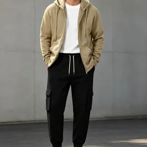 Men's stylish fleece-lined hooded sweatshirt and cargo sweatpants set for warm winter wear.