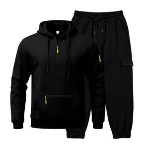 Men's black fleece-lined hoodie and cargo sweatpants tracksuit set for outdoor sports.